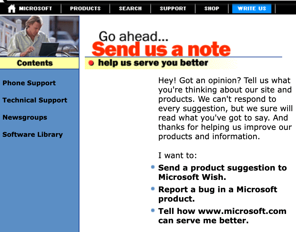 MS contact page from 1996