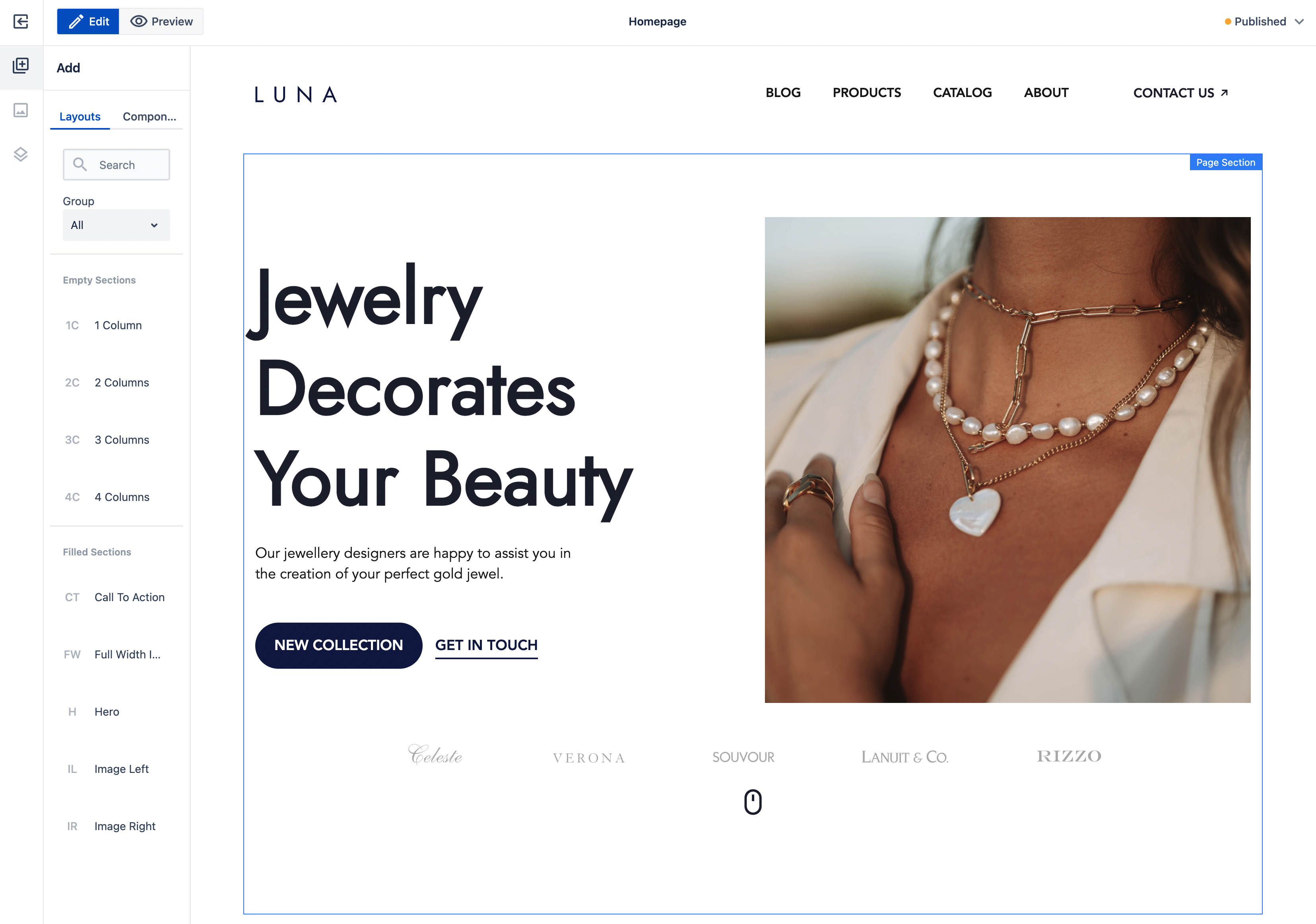 CMS with opened new page called: Luna - site with jewellery 