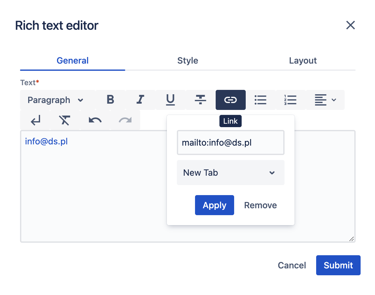 an image presenting RTE editor with mailto functionality