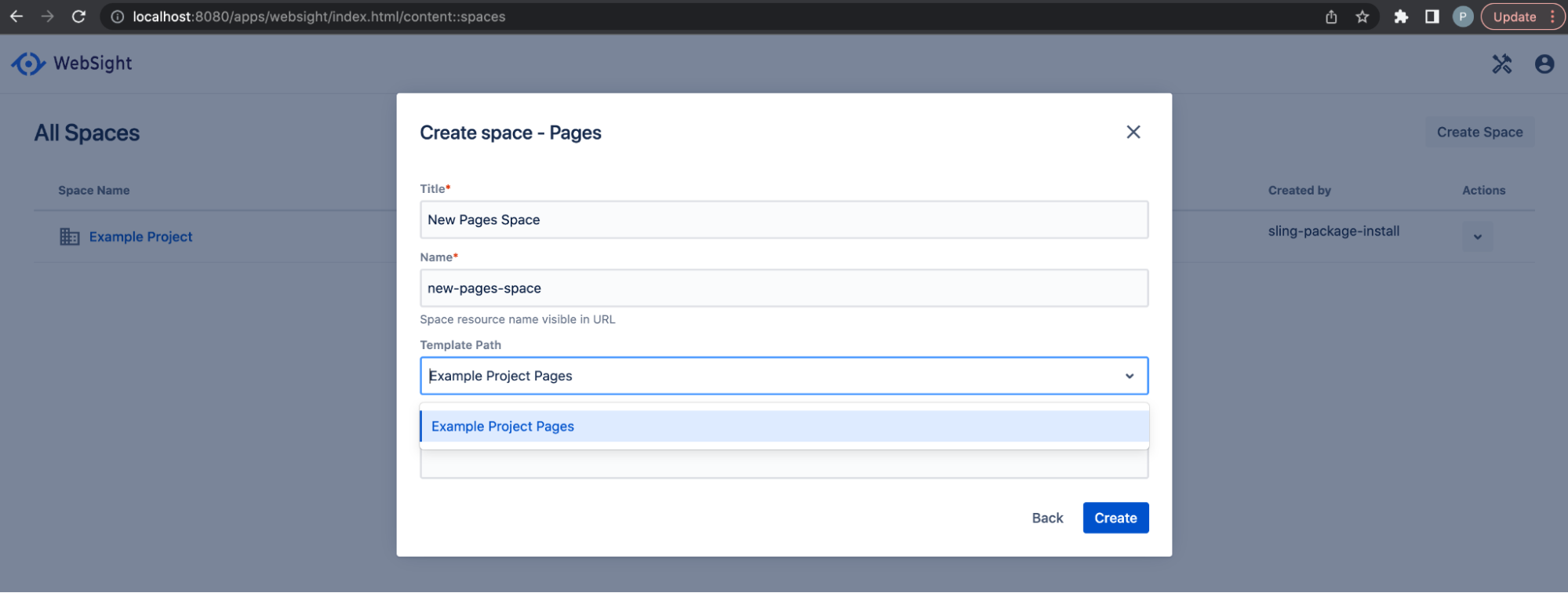 Create space - pages configuration