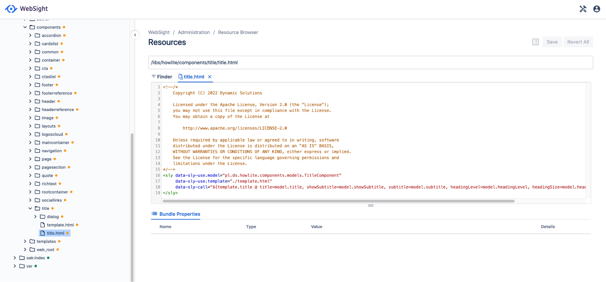 Component renderer script in the WebSight Resource Browser