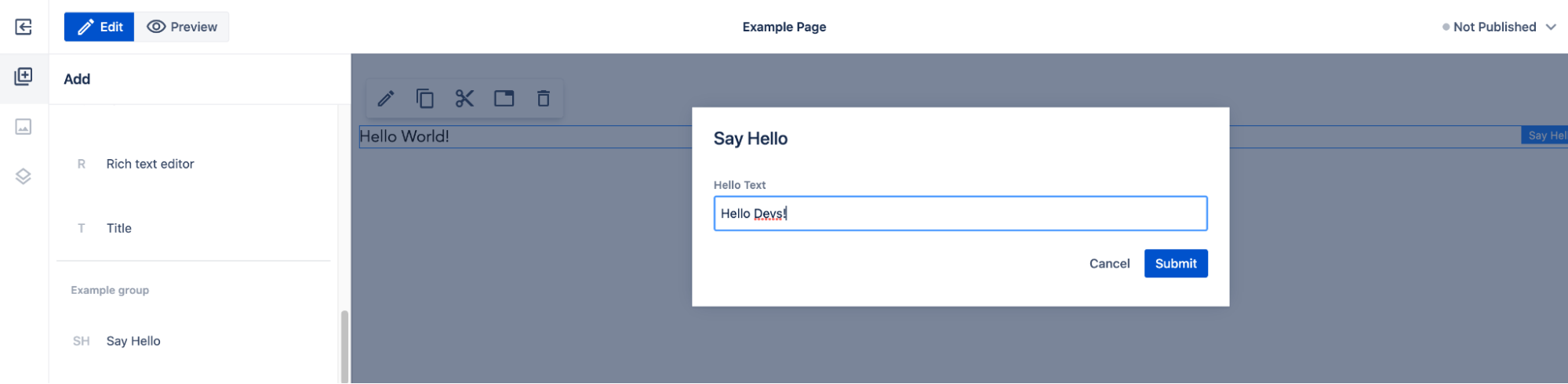 Say hello component with Hello text - dialog